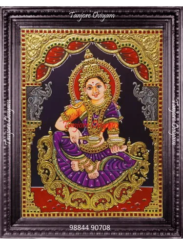 Annapoorani Goddess Tanjore painting seated purple saree ladle vessel gold pedestal artwork